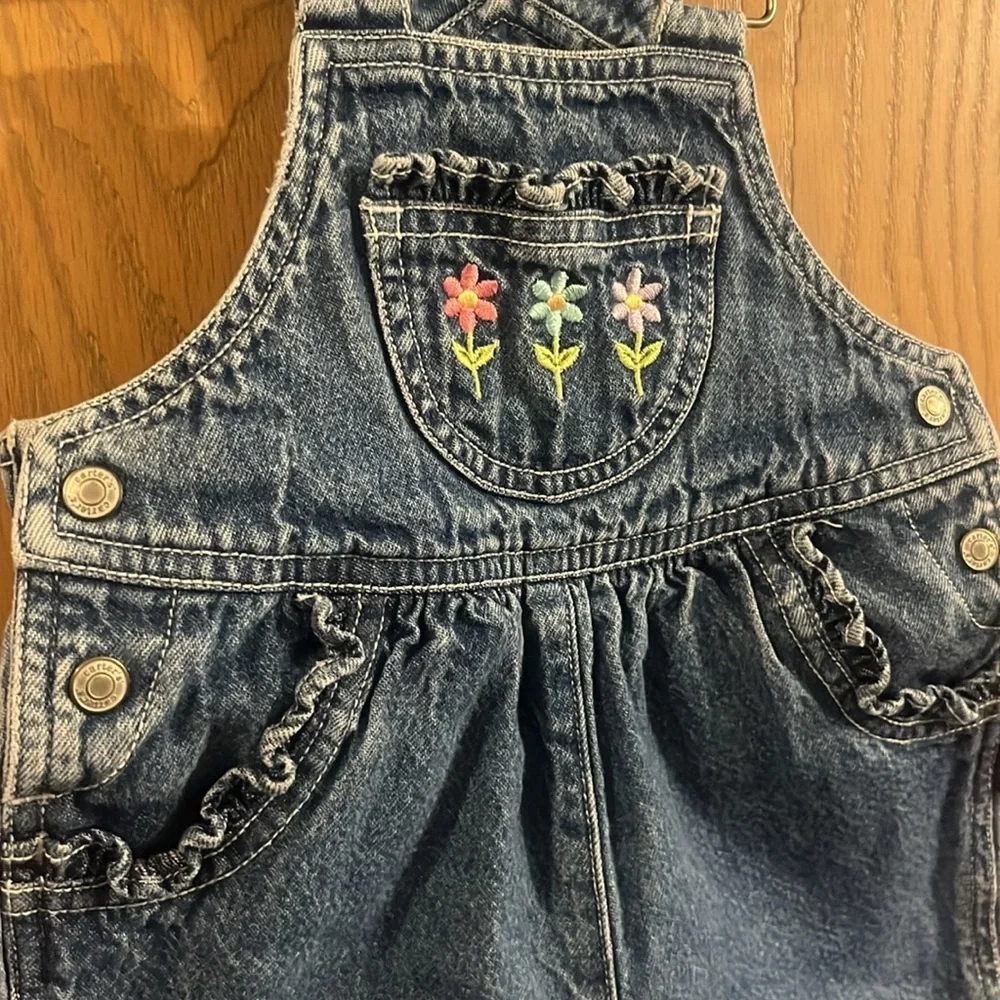 Vintage Carter's Blue Denim Overalls‎ with Flower Embroidery 9-12M
